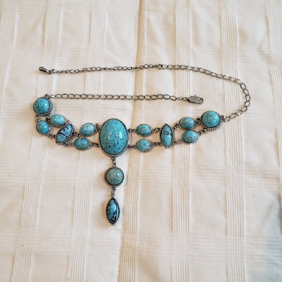 Vintage Blue Turquoise Silver Oval Necklace Adjustable - Picture 6 of 6